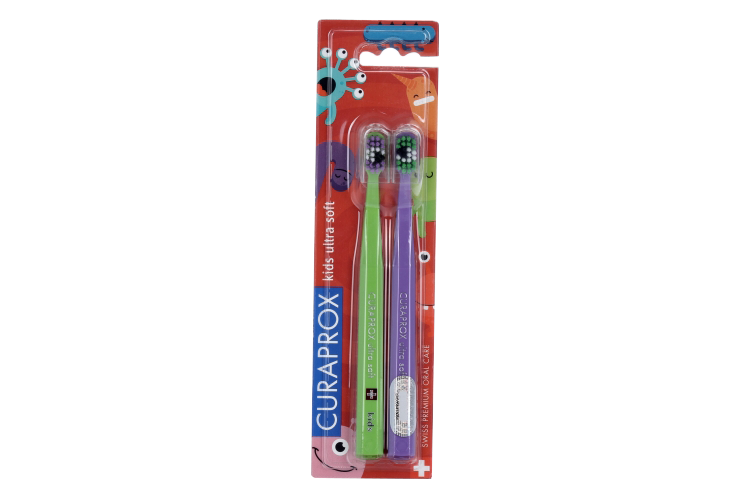 Набор з/щеток Curaprox CS 5460 Kids Duo Little Becteria Edition ultra soft салат/фиолет, 2 шт