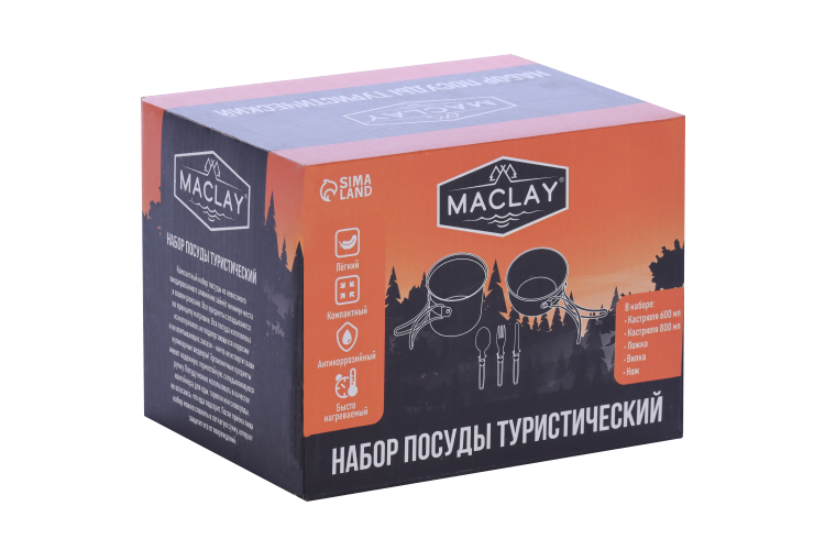 Набор посуды Maclay туристический 2 кастрюли/вилка/ложка/нож