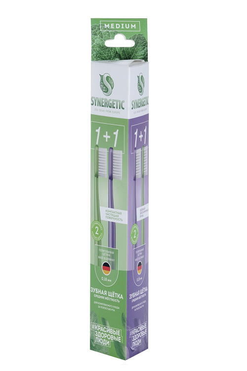 З/щетка SYNERGETIC Eco dental care д/взрослых средней жесткости фиолетовая/зеленая 1+1