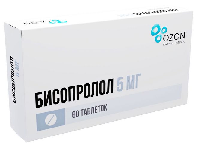 Бисопролол 5 мг, 60 шт, таблетки покрытые пленочной оболочкой