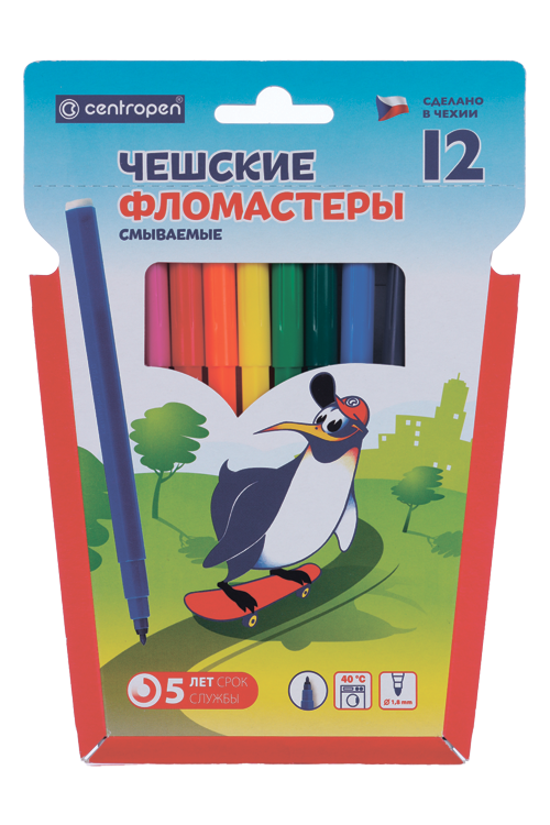Фломастеры 12 цветов Centropen 7790 «Пингвины» 1,8 мм , линия 1,0 мм