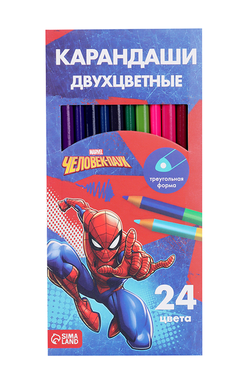 Карандаши двухсторонние MARVEL 24 цвета, заточенные, трехгранные Человек-паук