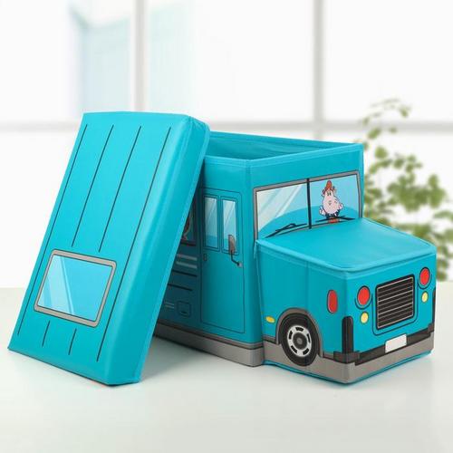 Короб д/хранения с крышкой Школьный автобус 55х26х32 см 2 отделения цвет голубой