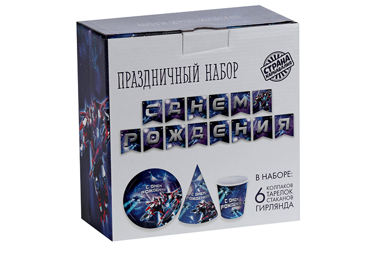 Набор Страна Карнавалия бум посуды С днем рождения роботы 6 тарел/6 стаканов/6 колпаков/гирлянд