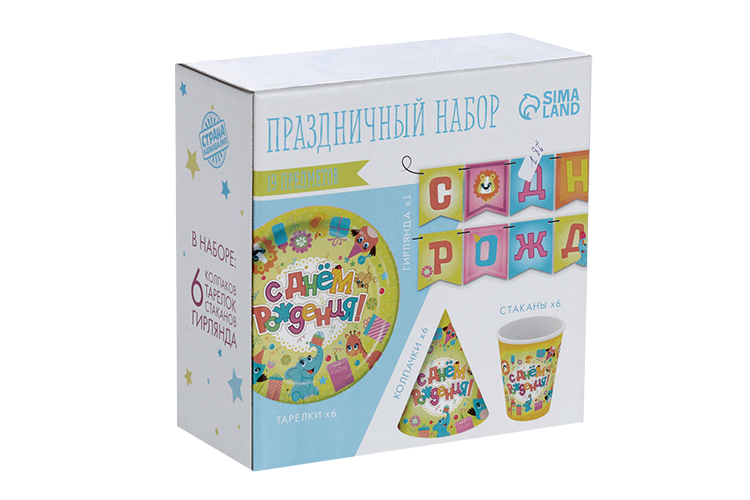 Набор Страна Карнавалия бумаж посуды Веселые животные 6 тарелок/гирлянда/6 стаканов/6 колпаков