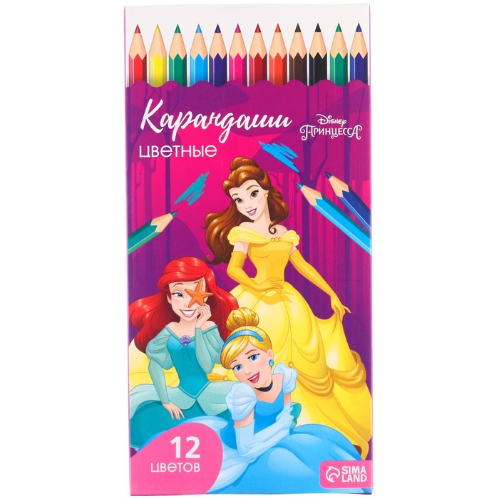 Карандаши Disney 12 цветов Принцессы заточенные шестигранные картонная упаковка Принцессы