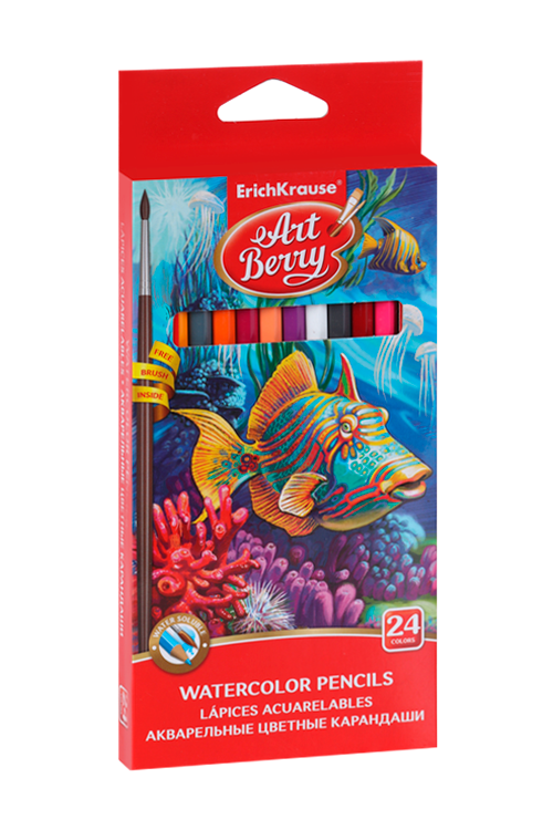 Карандаши ErichKrause акварель 24 цвета ArtBerry с кисточкой шестигран суперъяркий грифель 3 мм