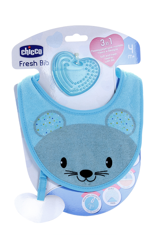 Нагрудник Chicco Fresh 3 в 1 с прорезывателем (с 4 мес), голубой
