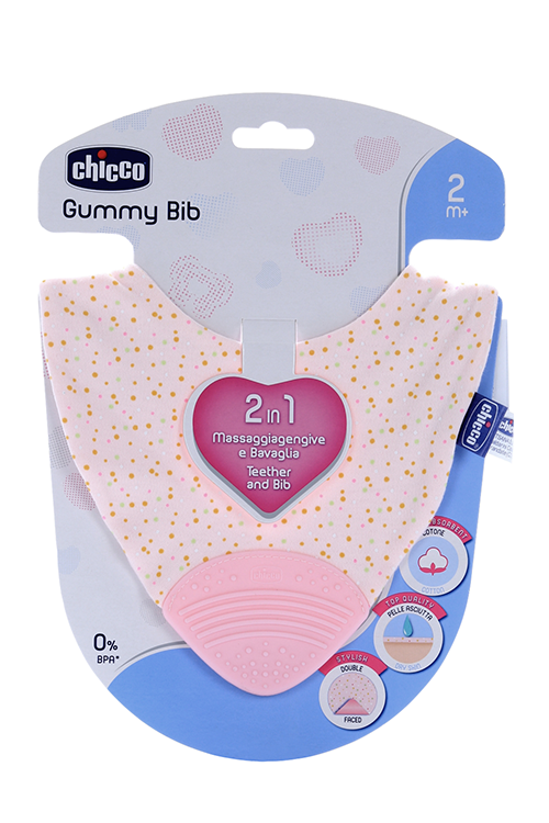 Нагрудник Chicco Gummy 2 в 1 с прорезывателем (с 2 мес), розовый