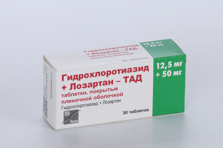 Гидрохлоротиазид+Лозартан-ТАД 12.5 мг+50 мг, 30 шт, таблетки покрытые пленочной оболочкой