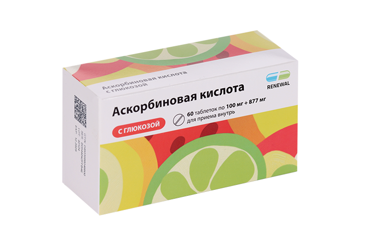Аскорбиновая кислота с глюкозой 100 мг+877 мг, 60 шт, таблетки