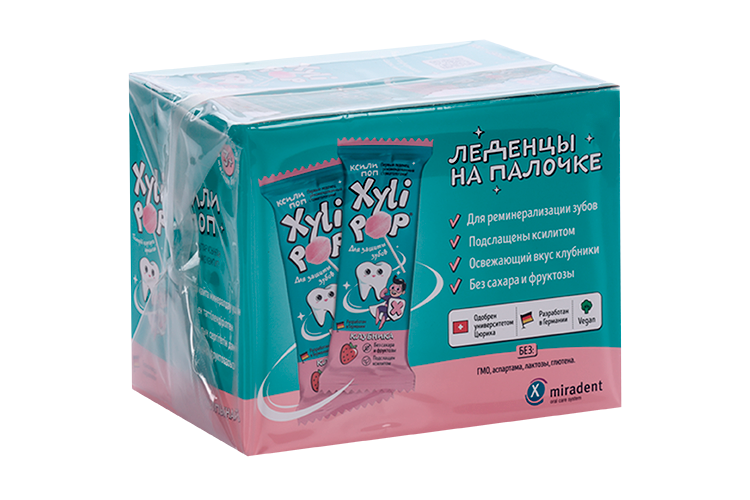 Леденцы Miradent XyliPOP из ксилита на палочке клубника, 6 г, 50 шт
