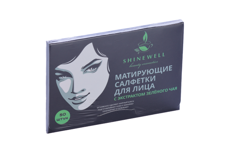 Салфетки SHINEWELL матирующие с экстрактом зеленого чая д/лица, 50 шт