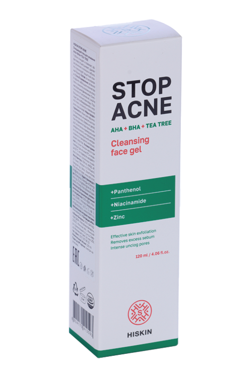 Гель HISKIN Stop Acne очищающий AHA+BHA+TEA TREE д/умывания, 120 мл