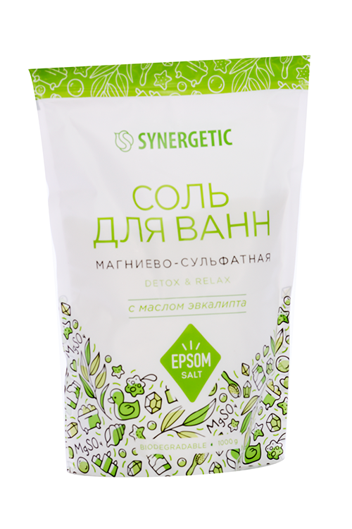 Соль д/ванн SYNERGETIC магниево-сульфатная с маслом эвкалипта, 1 000 г