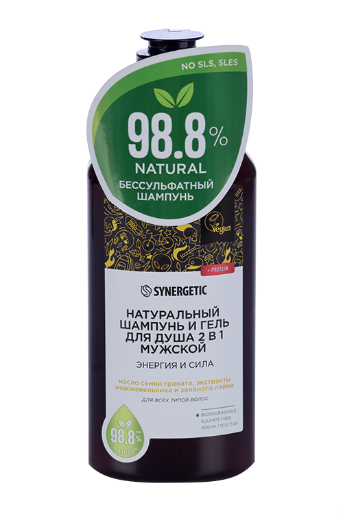 Шампунь-гель SYNERGETIC Энергия и сила 2 в 1 бессульф мужск, 400 мл