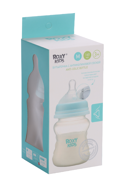 Бутылочка ROXY KIDS антиколиковая голубая д/кормления (с 3 мес), 160 мл