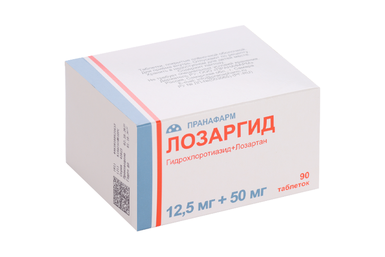Лозартан+гидрохлортиазид Лозаргид 12.5 мг+50 мг, 90 шт, таблетки покрытые пленочной оболочкой
