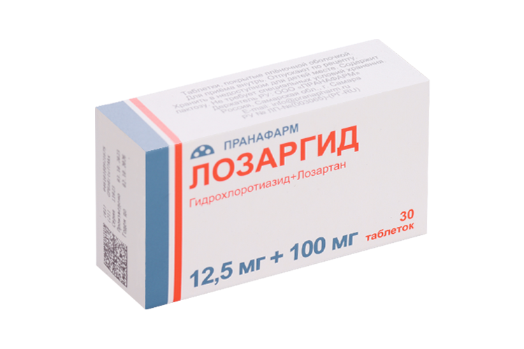 Лозартан+гидрохлортиазид Лозаргид 12.5 мг+100 мг, 30 шт, таблетки покрытые пленочной оболочкой