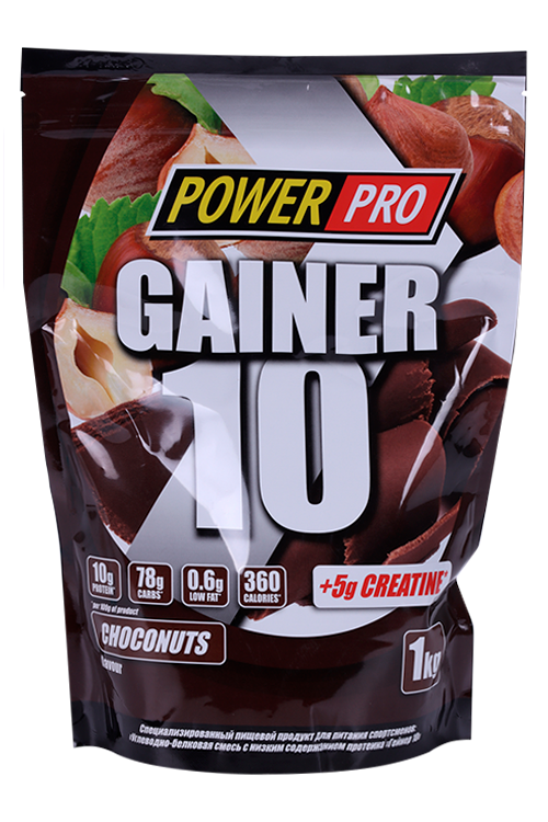 Гейнер 10 Power Pro, 1 000 г, порошок со вкусом шоколада