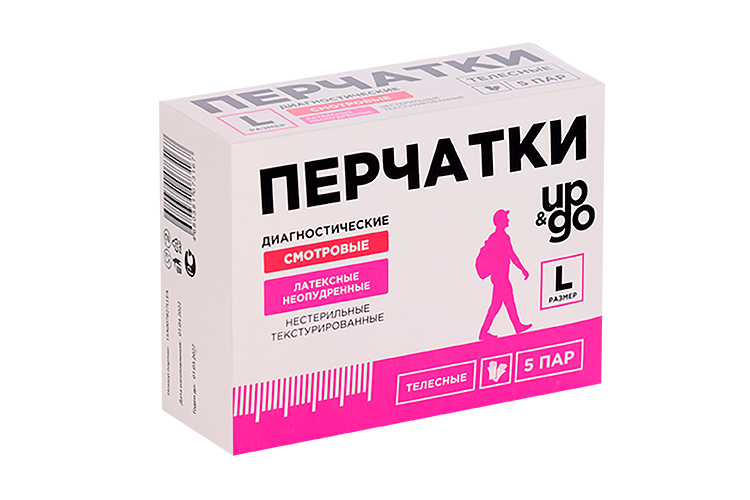Перчатки UP&GO смотровые латекс н/опудр н/стер текстур р L, 5 шт