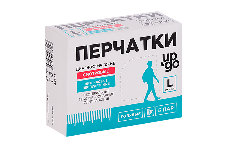 Перчатки UP&GO смотровые нитрил н/опудр н/стер текстур р L, 5 шт