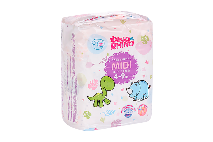 Подгузники DINO&RHINO Midi д/детей (4-9кг), 22 шт