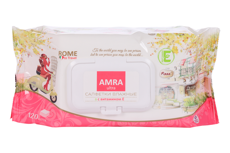 Салфетки Amra travel Rome влажные освежающие с вит Е, 120 шт