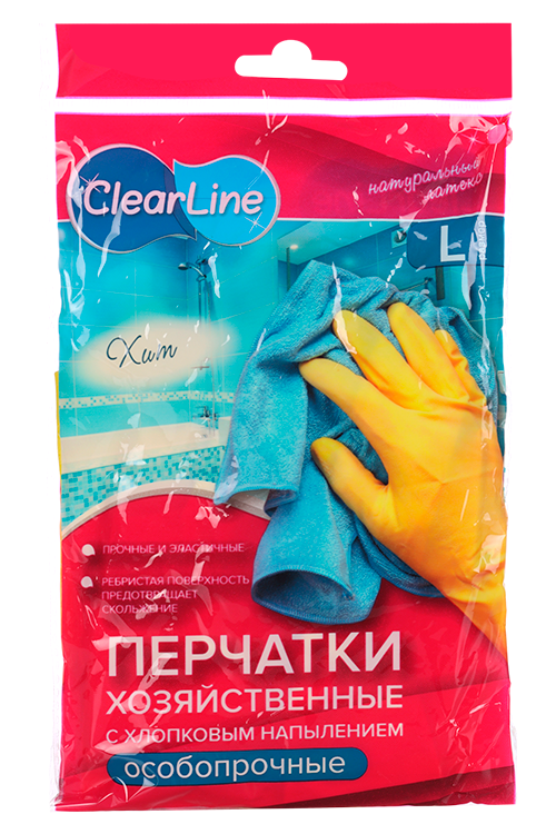 Перчатки Clear Line хозяйственные д/уборки с хлопк напыл особопрочные резиновые