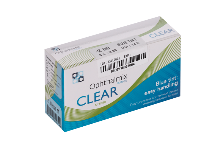 Линзы Офтальмикс Butterfly Clear Blue Tint контактные R 8.6 (диоптрия -2,0), 4 шт