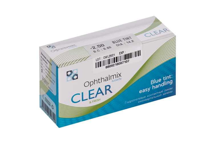 Линзы Офтальмикс Butterfly Clear Blue Tint контактные R 8.6 (диоптрия -2,5), 4 шт