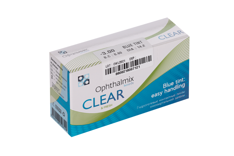 Линзы Офтальмикс Butterfly Clear Blue Tint контактные R 8.6 (диоптрия -3,0), 4 шт