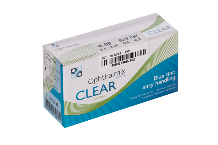 Линзы Офтальмикс Butterfly Clear Blue Tint контактные R 8.6 (диоптрия -8,0), 4 шт