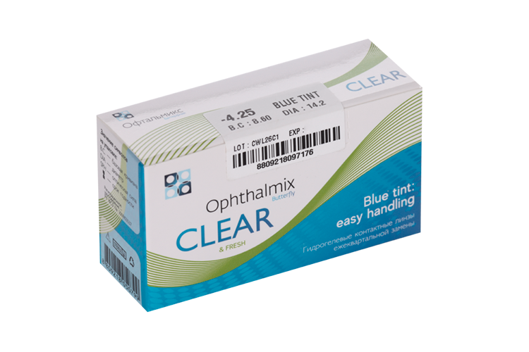 Линзы Офтальмикс Butterfly Clear Blue Tint контактные R 8.6 (диоптрия -4,25), 4 шт