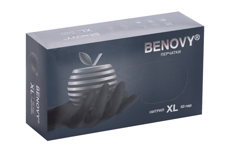 Перчатки Benovy смотр/нитрил/нестерил/неопуд/хлорир текстур на пальцах черные XL, 50 шт, пар