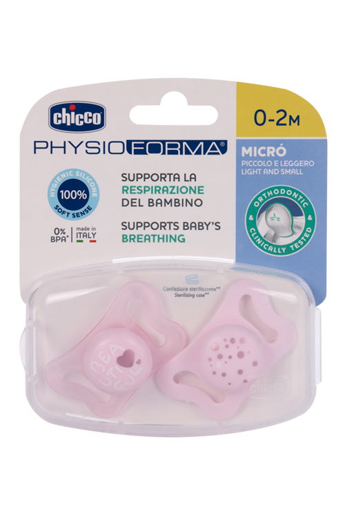Пустышка Chicco Micro силикон капли/нейтральный розовая (0-2 мес), 2 шт