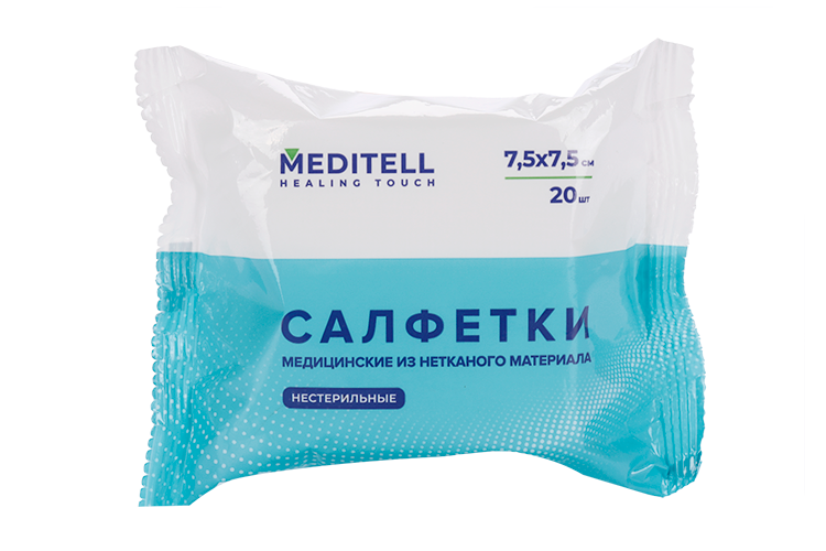 Салфетки МЕДИТЕЛЛ мед н/стерил из неткан матер 4-х сл 70%хл/30%пэ 7.5х7.5 см, 20 шт