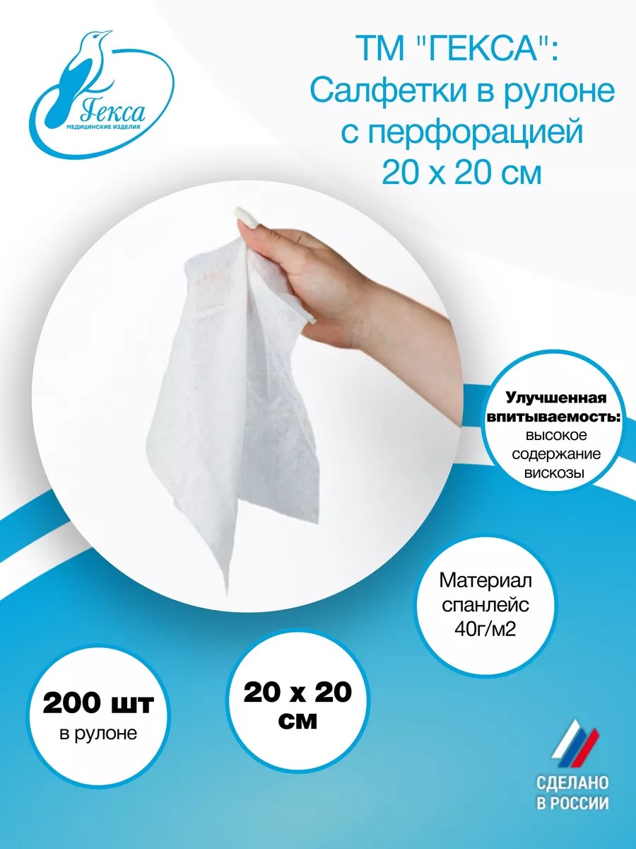 Салфетка рулон — пл.40 — 200х200 мм (спанлейс) (200шт/рул.), ТМ Гекса