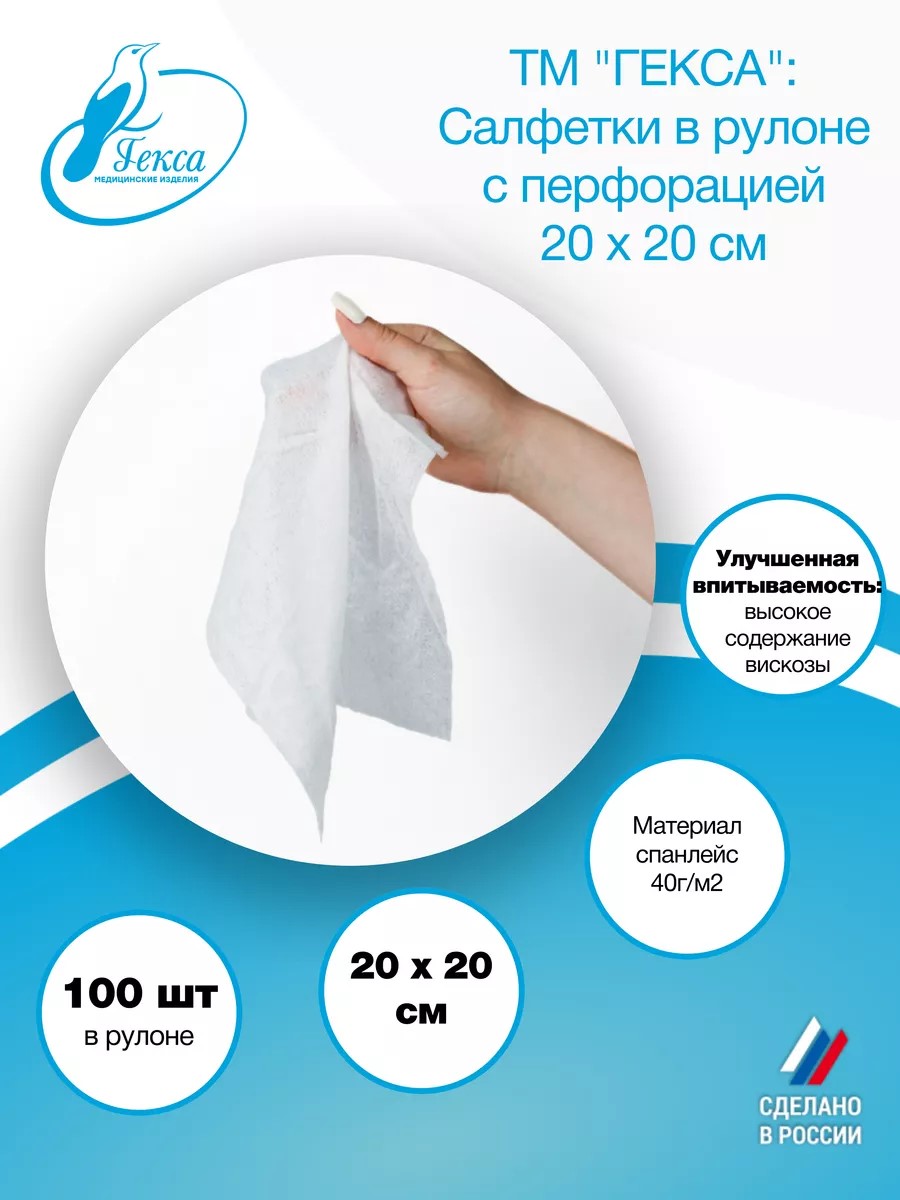 Салфетка рулон — пл.40 — 200х200 мм (спанлейс) (100шт/рул.), ТМ Гекса