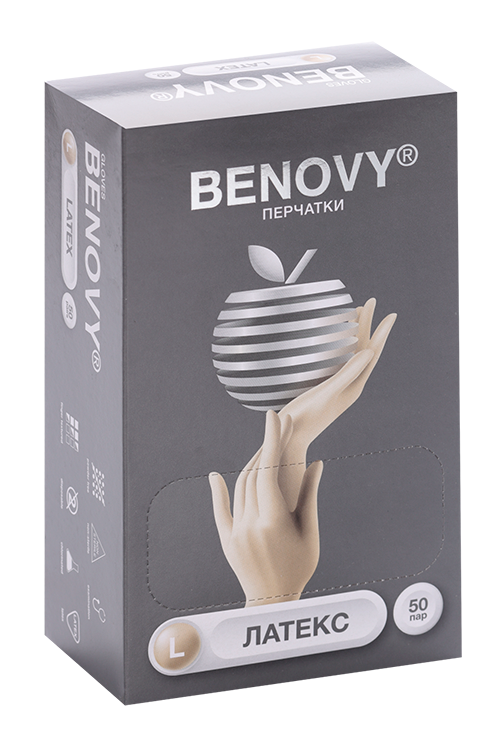 Перчатки BENOVY н/стирил/однораз/латекс/неопуд/хлориров пара L, 50 шт