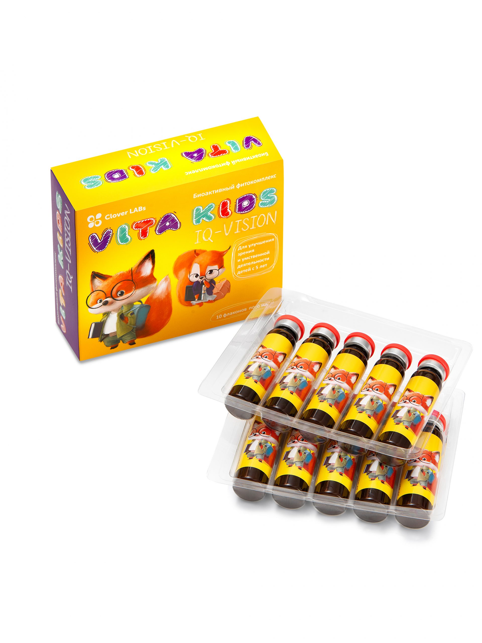 Vita Kids IQ-vision для улучшения зрения и умственной деятельности детей Clover Labs 10 флаконов по