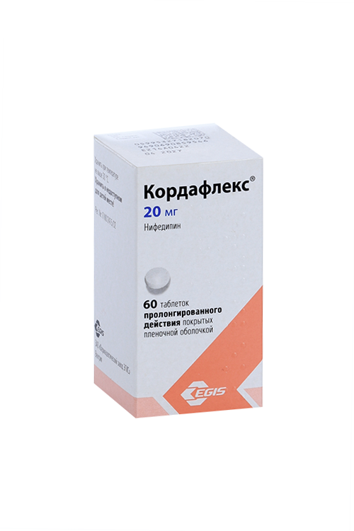Нифедипин Кордафлекс 20 мг, 60 шт, таблетки пролонгированного действия покрытые пленочной оболочкой .